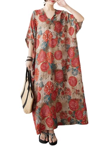 Image of Plus Size Summer Dress Printed V Neck Casual Loose Long Dresses with Pockets