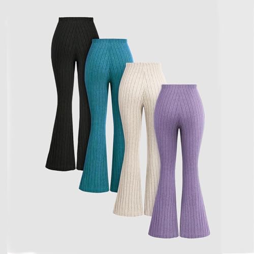 4 Pack Girls Leggings Kids Fall Ribbed Knit Bell Bottoms Leggings Comfort Stretch Flare Pants Dance Activewear Tights4