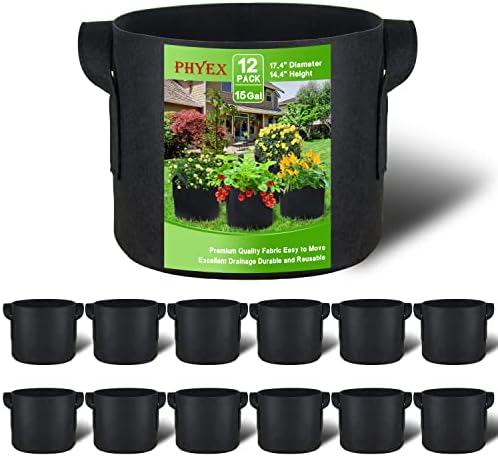 PHYEX 12-Pack 15 Gallon Nonwoven Grow Bags, Aeration Fabric Pots with Durable Handles, Come with 12 Pcs Plant Labels