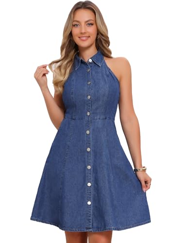 Allegra K Damen Jeanskleider Leichte Jeans Neckholder Denim Kleider mit Knopfleiste Blau M