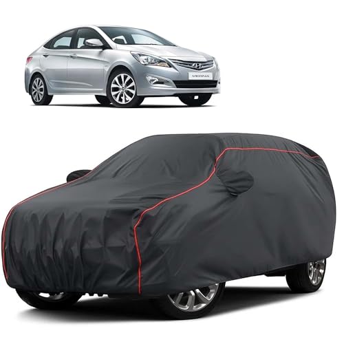 Image of Sulfar 100% Water Resistant Car Body Cover Compatible with Mirror for Hyundai Fluidic Verna (Triple Stitched, Full Bottom Elastic, Dark Grey Taffeta with Red Piping)