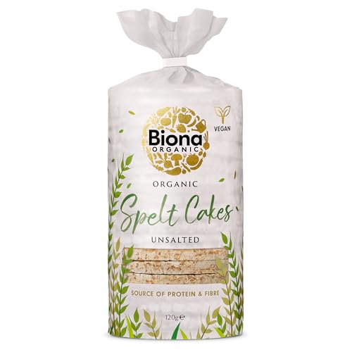 Biona Organic Unsalted Spelt Cakes 120g, Pack of 12-100% Organic Spelt - Source of Fibre - Vegan Snacks and Treats