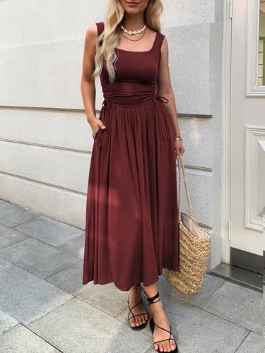 Image of Mieazom Women's Boho Summer Maxi Dress with Pockets, Adjustable Waist, Sleeveless Casual Ruched Sundress for Beach Vacation