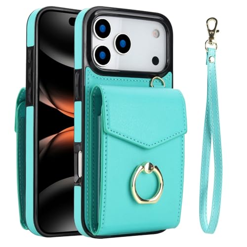Étui pour iPhone 17 bleu housse portefeuille en cuir et sangle arrière