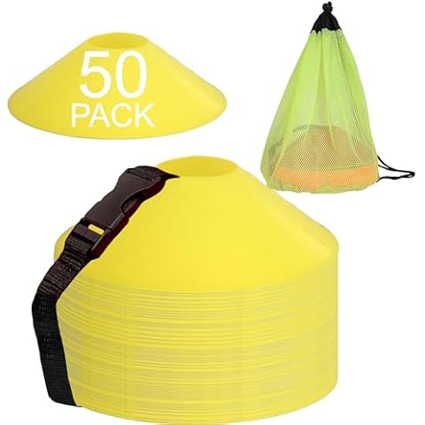 Athllete Soccer Training Cones with Mesh Bag & Flexible Strap, Sports Cones for Soccer Practice, Basketball, Fitness - Sports for Indoor & Outdoor Games (50 Pack, Neon Yellow) Cover