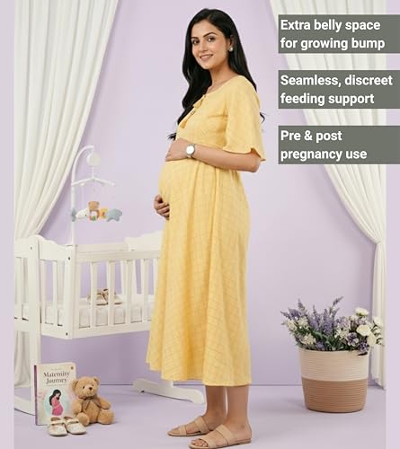 Image of DUMMY SHAPE Feeding Nighty | Maternity Dresses for Women Cotton Blend | Floral Pink Anarkali Kurta with Dual Nursing Zippers for Pregnancy & Breastfeeding | Gifts for Pregnant Women (