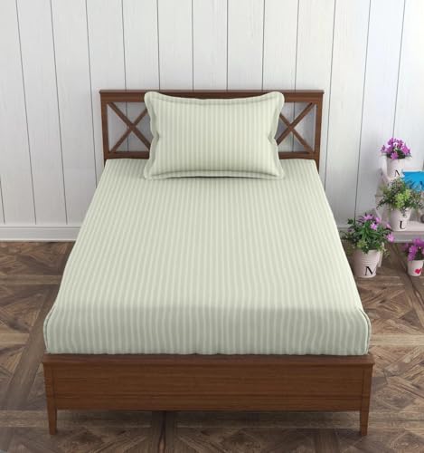 Image of Trance Home Linen 100% Cotton 75x36 inch Single Fitted 200TC Satin Stripe Elastic Fitted Bedsheet | Single Bed Size Fitted Bedspread with 1 Pillow Covers (75 inchx36 inch | 6.25x3 feet, Light Ivory Cream)