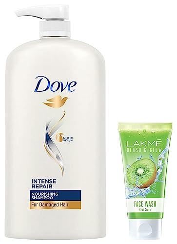 Image of Dove Intense Repair Shampoo, 1L & Lakme Blush and Glow Kiwi Freshness Gel Face Wash with Kiwi Extracts, 100 g
