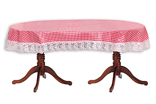 Image of The Furnishing Tree Waterproof PVC Oval Shaped 4 to 6 Seater Table Cover WxL 54x78 inches Pin Check Pattern Pink with White Border lace