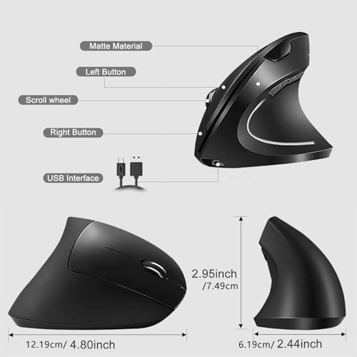 Wowssyo ergonómico Ratón Vertical inalámbrico 2.4G, Bluetooth Ratón Recargable para Windows y Mac OS, óptico, 800/1200/1600 dpi, 5 Botones - Negro - imagen 8