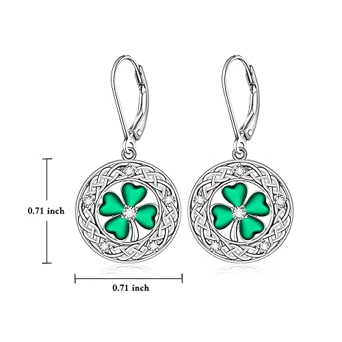 Celtic Knot Shamrock Earrings For Women Girls Heart Irish Leverback Drop Four Leaf Clover St Patricks Day Earrings Sterling Silver Circle Green Crystal Dangle Prom Valentines Day Gift #TOP3