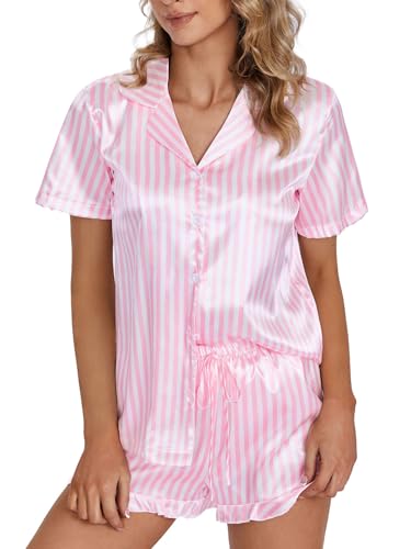 OPOIPIN Women's Satin Pajamas Set 2 Piece Button Down Silk Ruffle Shorts Pjs Notch Collar Sleepwear