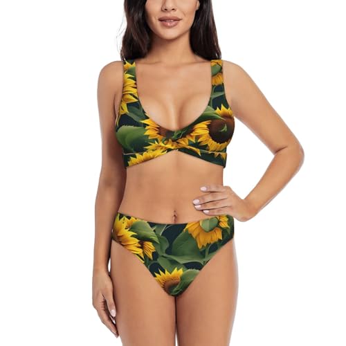 Maillot de bain femme 2 pièces tournesol taille haute effet ventre plat