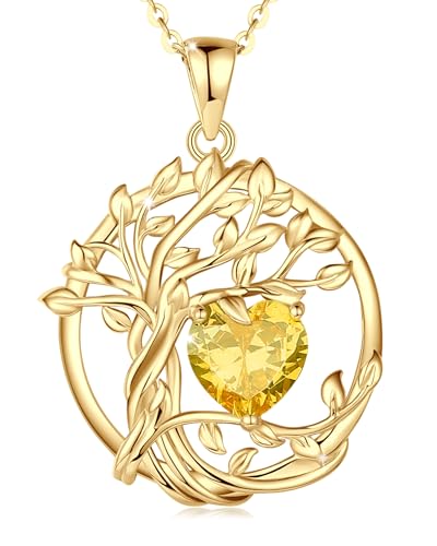 FANCIME Tree of Life Collier arbre de vie en argent sterling plaqué or jaune avec pendentif en pierre de naissance, bijou d'anniversaire, cadeau de Noël pour...