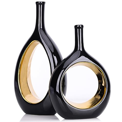 Vase en céramique noir et or, lot de 2 pièces design haute qualité pour centre de table chic - 2