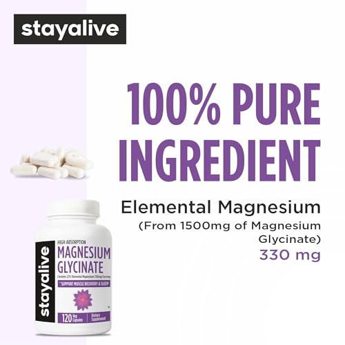 Image of STAY ALIVE Magnesium Glycinate Supplement, High Absorption, 120 Capsules for Muscle Recovery & Sleep Support, Non-GMO & Gluten Free Chelated Magnesium Supplement for Women and Men