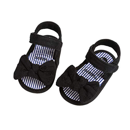 Baby Girls Open Toes Sandals Non-Slip Flat Sole Princess Sandals with Decorative Bow (Black, 6-12 Months)