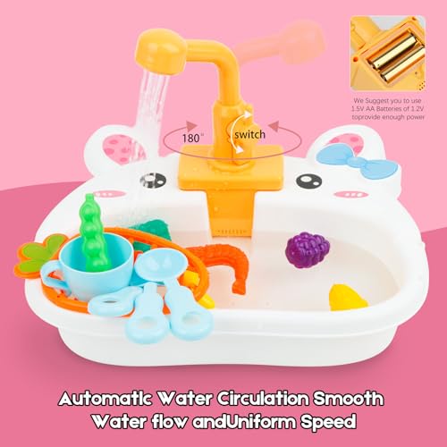 Ruibytree Play Kitchen Sink Toy, Water Toys for Kids with Electronic Dishwasher, Pretend Play Utensils Accessories and Play Cutting Food for Boys and Girls (Rabbit) - Thumbnail 2