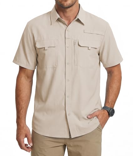 WULFUL Mens Sun Protection Fishing Shirts UPF 50+ Lightweight Quick Dry Cooling Short Sleeve Shirts for Work Hiking Safari Khaki