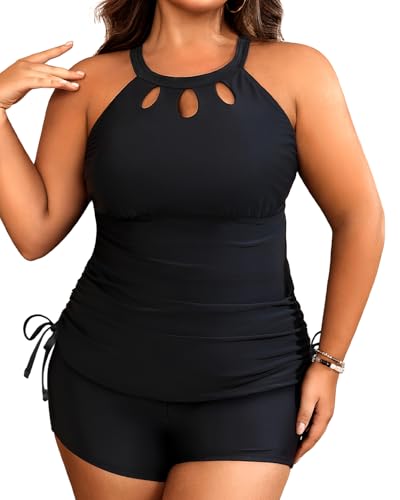 Aqua Eve Women Two Piece Plus Size Swimsuit High Neck Tankini Set Tummy Control Bathing Suit with Shorts3