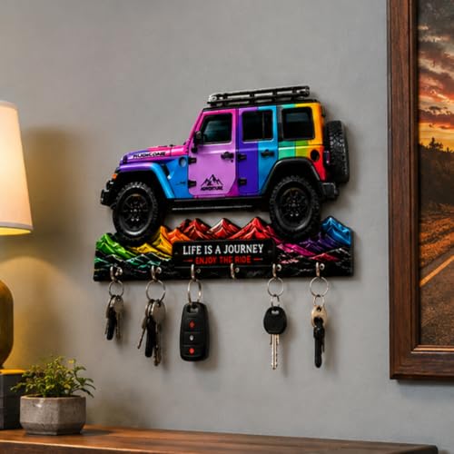 Image of Webelkart Wooden HD UV Multi Printed Mahindra Thar Car Shape Designer Key Holder Home and Office Decor Key Chain Holder for Office Decor,Key Hanger (11 X 6 Inch)