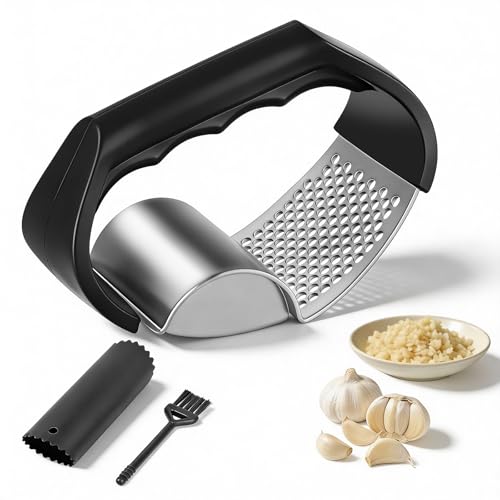 elzle Presse Ail Inox Professionnelle,2 en 1 Hachoir Manuel en AcieAr, Hachoir à Ail Broyeur de Gingembre Presse-ail à Bascule pour Ail Gingembre Purée