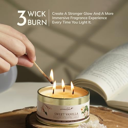 Image of Aromahpure Vanilla 3 Wick Candle in Container with Lid | 85g | Burn Time 7 Hours | Scented Candle | Relaxing Aromatherapy Candles for Home Decor, Gifting, Bedroom & Spa