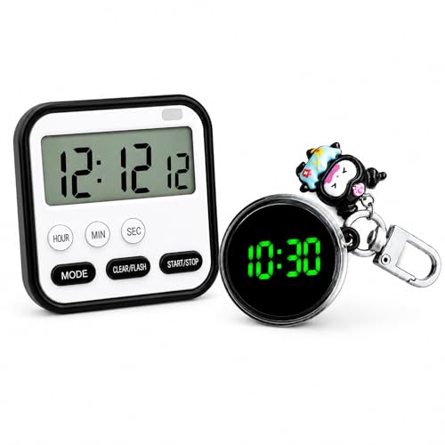 Image of 2 Timer Combo - Digital Kitchen Timer with Portable Keychain Clock, Large LCD Display, Countdown & Stopwatch Timer for Cooking, Study, Gym & Travel