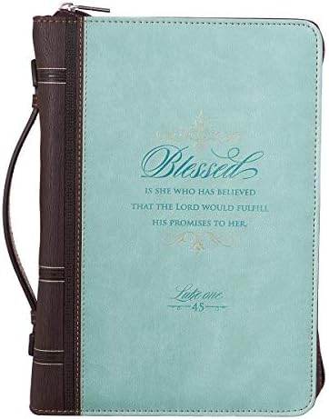 Christian Art Gifts Women's Fashion Bible Cover Blessed is She Luke 1:45, Light Blue/Gold/Brown Faux Leather, Large