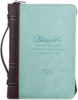 Bible Cover, Blessed Is She, Light Blue and Brown, Large