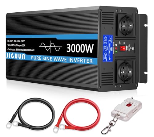 JIGUUN 3000W Convertisseur 24V 220V Pur Sinus avec Chargeur 20A et Priorité Secteur et UPS Onduleur,2 Prises EU,Télécommande sans Fil et Affichage LCD Puissance...