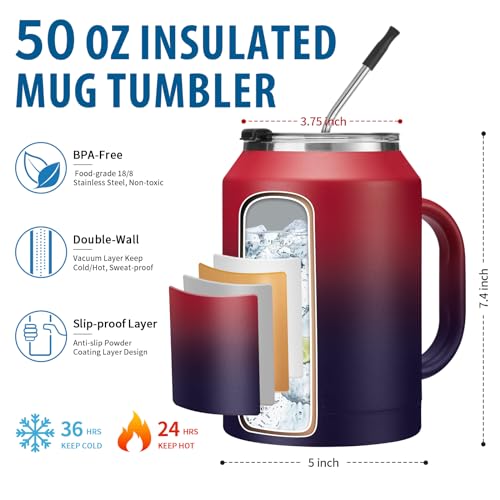 Image of 50oz Tumbler with Lid and Straw - Gulp, Protective Cup Mat, 50 oz Stainless Steel Coffee Mug for Travel Work, Double Wall Insulated Tumblers Metal Cups, Leak Proof Large Flask Jug Water Bottle
