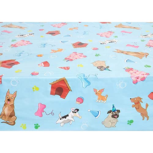 Image of BLUE PANDA Birthday Tablecloth Puppy Dog Theme - 54 x 108 in, Blue, Pack of 3, Rectangular - Disposable Plastic Table Cover with Dog Print for Doggy Party Decor
