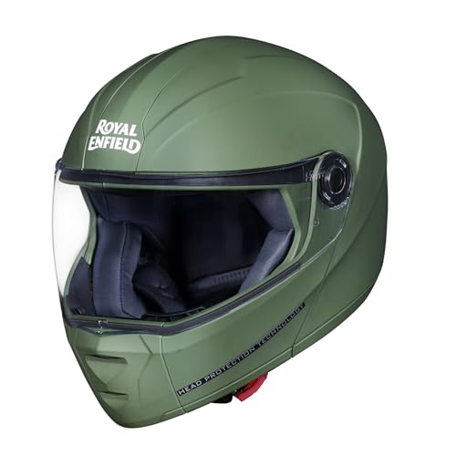 Image of Royal Enfield MOD Adroit Modular Flip up Helmet | ISI Certified | Thermosplastic Shell | Micrometric Lock | UV Treated & Scratch Resistant Visor |Battle Green (M) 58 CM