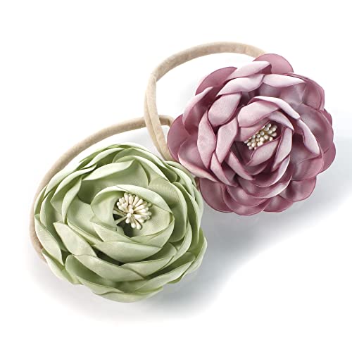 My Lello Baby Girl Ranunculus Flower Stretchy Nylon Elastic Headbands Set 2pcs - Medium - Dusty Lilac/Light Sage