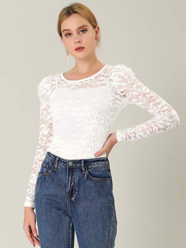 Allegra K Women's Lace Embroidery Semi Sheer Vintage Puff Sleeve Top Large White #TOP1