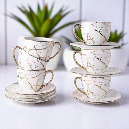 Image of Bone China Gold Line Cup with Saucer Set of 12 Pcs | Tea /Coffee Cups 200 ml | Microwave & Dishwasher Safe | Bone-Ash Free | Crockery Set Ideal for Daily Use & Gifting (White)