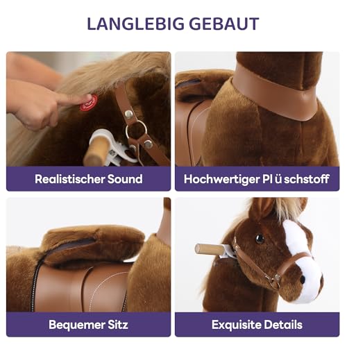 PonyCycle® Schaukelpferd mit Rollen | für Kinder 4–7 Jahre, 89cm | Schokoladenbraunes Reitpferd mit Handbremse & Klang | Stehpferd, Reitpony, Kindergeburtstag | Klassisches Modell U – Ux424