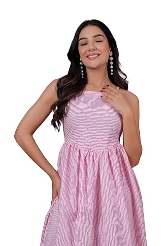 Image of Daevish Cotton Stripe Printed Flared Maxi Dress for Women | Women Flared Dress