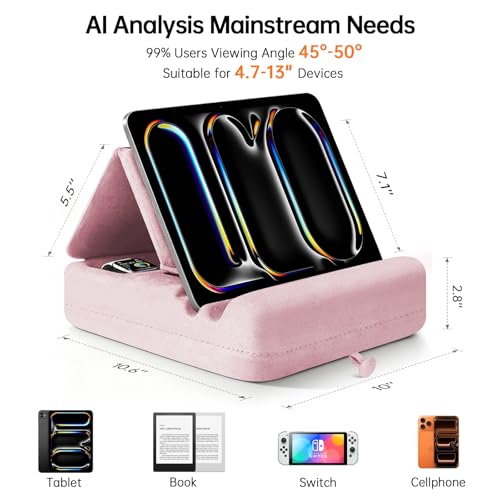 Image of Tablet Pillow Stand with Storage, Foldable iPad Holder for Lep, Bed, Sofa, and Desk - Soft Pad Dock with Pocket and Stylus Mount Compatible with 4-13 inch iPad Pro /Air /Mini, Galaxy Tab, Kindle (Purple)