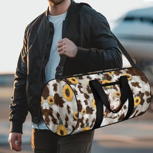 Boatee Cow Sunflower Womens Travel Bag Large Duffle Bag Portable Luggage Bag Lightweight Gym Bag Casual Duffel Handbag with Zipper Closure Stylish Weekender Hand Bag Holdall Purse for Sport Brown3