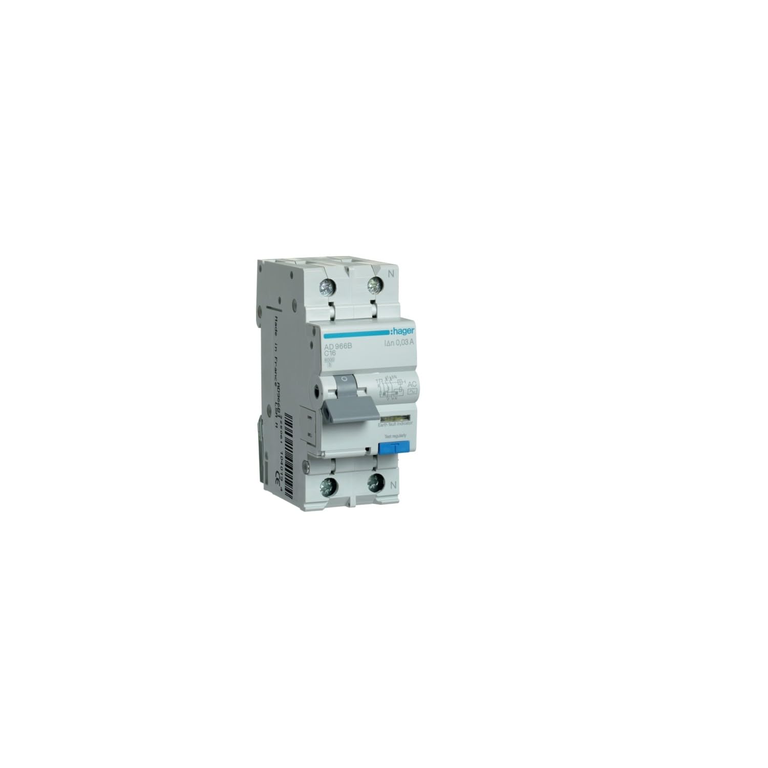 Ad966b Disjoncteur Différentiel Hager 1p+n 16a 30ma 6ka Type Ac - Neutre à Droite - Auxiliarisable