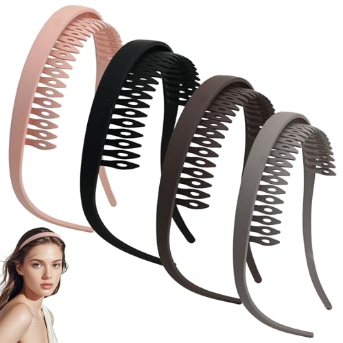 4 PCS Square Headband for Women Glasses Wearers No Pressure No Headache Comfortable Hair Bands with Teeth for Medium Thick Hair Flex Sunglasses Zig Zag Plastic Headband Non-slip (Solid color)