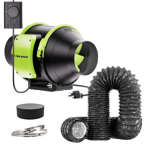 Okryain ダクトファン 100mm ダクト用換気扇 排気セット付き 業務用有圧換気扇 無段階風量調速 風量348㎥/h 中間取付形 DIY塗装/焼肉/温室/ペットトイレ (GF-100Pセット)