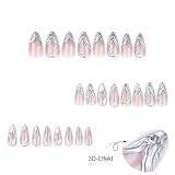 Krótkie sztuczne paznokcie MouyouGlow, Nude Chrome French 3D Silver Striped Cool Y2K Coquette Press on Nails z klejem do paznokci, fantazyjne srebrne sztuczne paznokcie