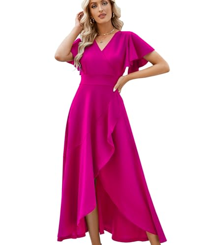 Image of Long Black Formal Dresses for Women Gowns Evening Party Cocktail Dress,Split Elegant V Neck Wrap Ruffle Wedding Guest Dresses