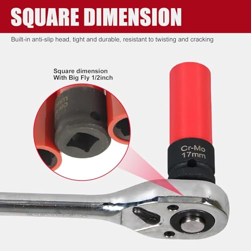 Image of Wheel Nut Socket, Wheel Lock Nut Removal Socket Wrench, 0.66 inch /17mm 1 /2 inch Drive Effort-Saving Removal Tool, Compatible with Mercedes-Benz S /C /A /B Class MLGLk (Red & Black)