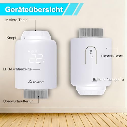 SALCAR Smartes Heizkörperthermostat WiFi TRV603 Thermostat Heizung Kompatibel mit Amazon Alexa & Google Assistant Programmierbar Heizungsthermostat Tuya Smartes Heizkörper kein Gateway erforderlich
