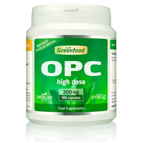 Greenfood OPC, 200 mg, Extra high dose, 180 Capsules - one of The Highest dosed Products on The Market. Without Artificial additives. Without Genetic Engineering. Vegan.