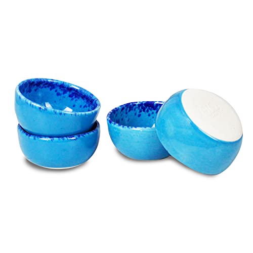 roro Ceramic Stoneware Hand-Molded Coral Beach Blue Speckled Spotted Dipping Bowls (Sauce x 4)